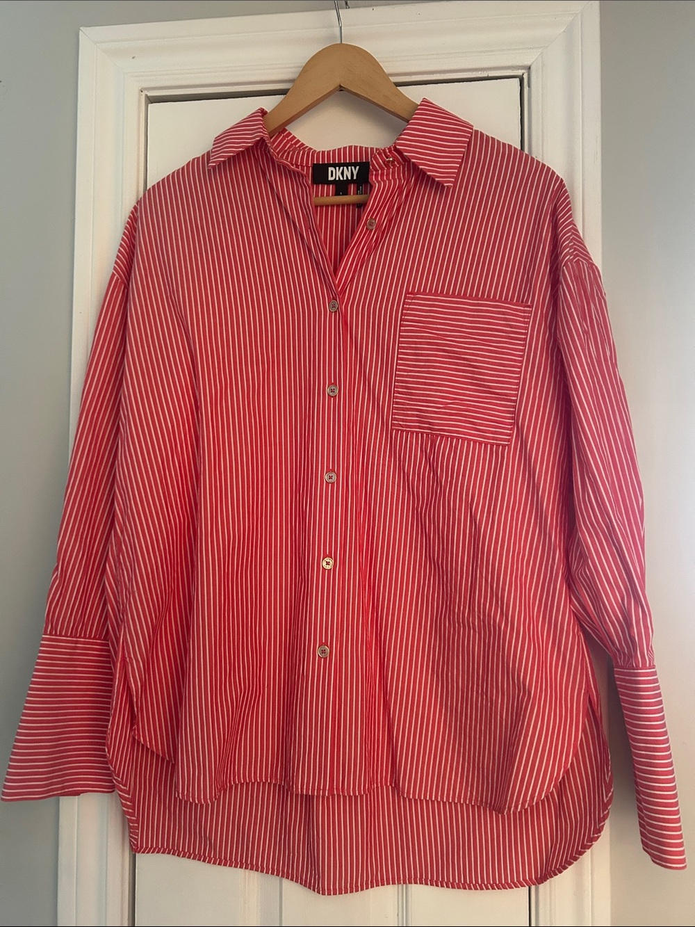 DKNY Red and White Vertical Stripe Button-Down Shirt